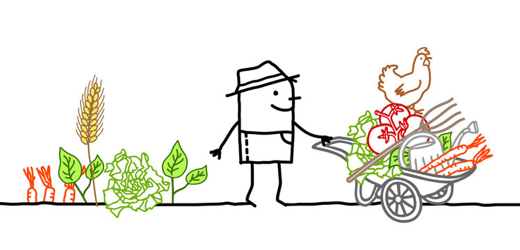 Cartoon Farmer with Wheelbarrow, Vegetables and Tools