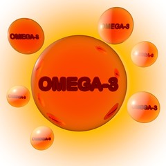 Transparent orange omega-3 pills on yellow background. Fish oil capsules. Polyunsaturated fatty acids. Vitamin and mineral complex