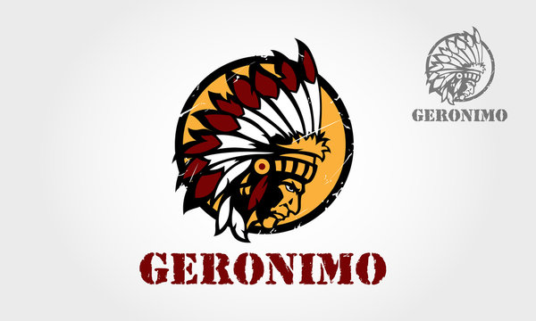 Geronimo Vector Logo Illustration. Logo illustration of a native american indian chief done in circle retro style on isolated white background. 