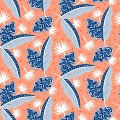 Blue and red tropic island leaves pattern for summer seamless prints. Jungle rainforest flora dense foliage design.