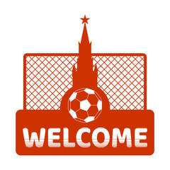 Football theme background. Soccer goal, ball and Kremlin tower