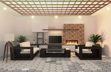 Tv room floor wood tiles on wall design, with wooden cabinet and decoration liveing, 3D rendering
