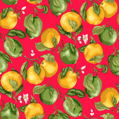 Seamless pattern with fruits. Fresh oranges and limes with flowers on the branches with leaves in graphic vector illustration
