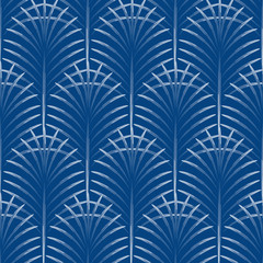 Art deco palm leaves geometry arch blue seamless pattern. Abstract leaf shapes vector background.
