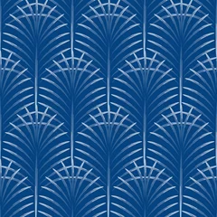 Tuinposter Art deco Art deco palmbladeren geometrie boog blauw naadloos patroon. Abstracte blad vormen vector achtergrond.