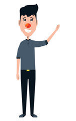 Cartoon man standing with red nose icon over white background, vector illustration