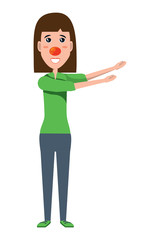 cartoon happy woman with red nose pointing to the side over white background, vector illustration