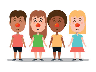 happy kids with clown noses over white background, vector illustration