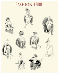 Ladies wear Fashion 1888 from  "La vie Parisienne"  French satirical magazine, cute portraits