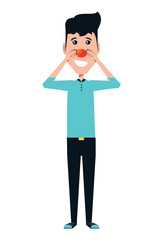 Cartoon man standing with red nose icon over white background, vector illustration