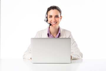 Telemarketing headset woman from call center