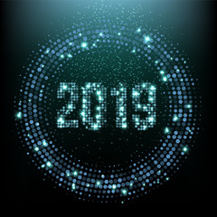 2019 New Year glitter words, spot lights and glitter on shiny background. Vector party flyer template. 