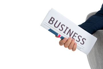 cropped shot of businessman holding newspaper isolated on white