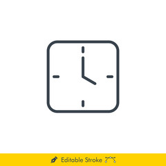 Square Shaped Clock Vector Line Icon - In Editable Line / Stroke Design