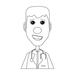 cartoon doctor with red nose and stethoscope over white background, vector illustration