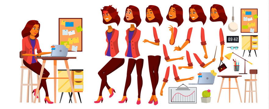 Office Worker Vector. Woman. Successful Officer, Clerk, Servant. Arab, Saudi Business Woman Worker. Face Emotions, Various Gestures. Animation Creation Set. Isolated Flat Illustration