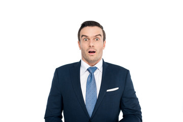 shocked middle aged businessman looking at camera isolated on white
