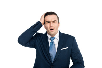 disappointed middle aged businessman looking at camera isolated on white