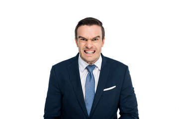 angry middle aged businessman looking at camera isolated on white