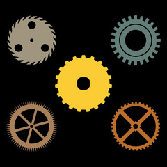 Vector set of gears isolated on black background. Flat design minimal industrial tool collection