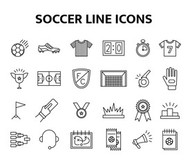 Vector soccer line icons set. European football elements isolated illustration. Football championship cup, gate, field, medal and tickets objects