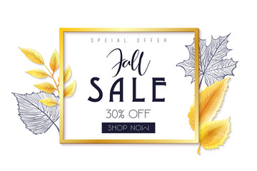 Vector autumn sale banner with hand drawn lettering and leaves
