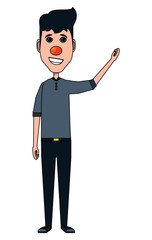 Cartoon man standing with red nose icon over white background, vector illustration