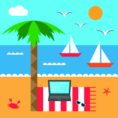 Freelance by the sea. Seashore and beach. Set of elements in flat style. Vector 