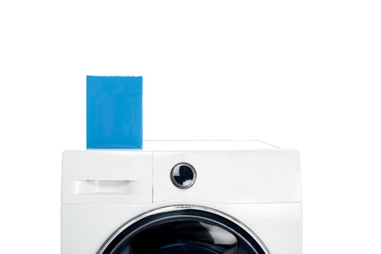 Blank Box With Detergent On Laundry Machine Isolated On White