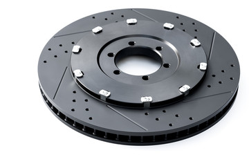 NEW Racing car brake disc - Black ventilated brake discs on a white background.
The rotor is the rotating part of a wheel's disc brake assembly, against which the brake pads are applied.