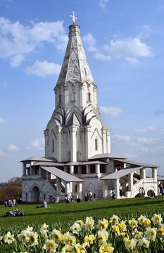 Ascencion cathedral in Kolomenskoye park in Moscow. Color photo.