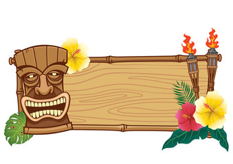 tiki mask and wooden frame for text