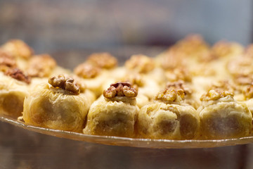 Showcase with the Turkish sweets, pastries.

