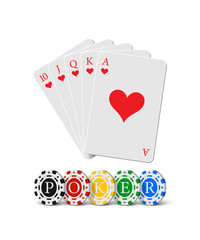 Vector royal flush of hearts and casino chips with Poker word. Gambling elements isolated on white background. 