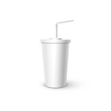 White plastic Cup with tube mockup. Vector realistic design element.