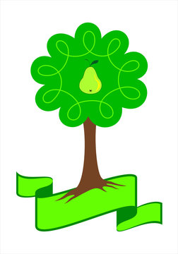 Stylized pear tree logo. Young pear tree with green leafs, roots and pear. Isolated vector illustration.