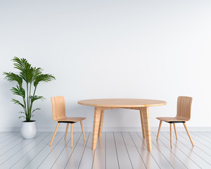 Wooden chairs and tables in white room. 3D rendering 