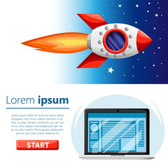 Naklejka na ściany i meble Startup flat design. Rocket flying in space. Laptop or Notebook computer. Concept startup project. Vector illustration with red button. Web site page and mobile app design