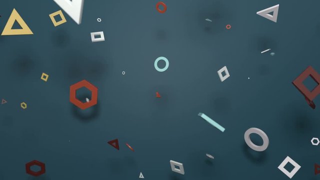 3d render abstract background. Flat plane and simple geometry shapes in front of it. Round,  square,  triangle,  hexagon primitives with blurred shadow. Loopable sequence.
