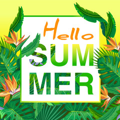 Fototapeta premium Hello Summer vector banner design with Tropical palm leaves, plants. Negative space trend. Summer placard poster flyer invitation card. 