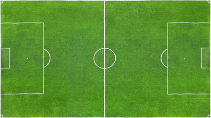 Top view of a green football field as texture, background (16:9 image aspect ratio)