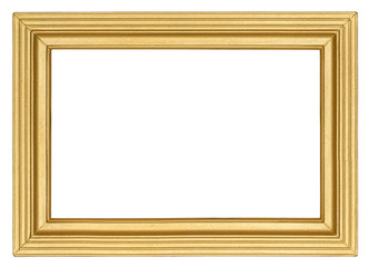 Golden wooden picture frame with carved linear pattern in retro style isolated on white background