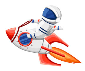 Cute astronaut illustration. Astronaut sits on rocket and flying through space. Cartoon design style. Flat vector illustration isolated on white background © Alfmaler