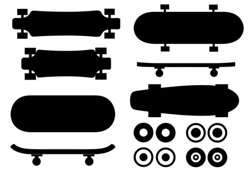 Black silhouette. Collection of skateboard. Flat vector icon. Skateboard different sides illustration. Cartoon vector illustration isolated on white background