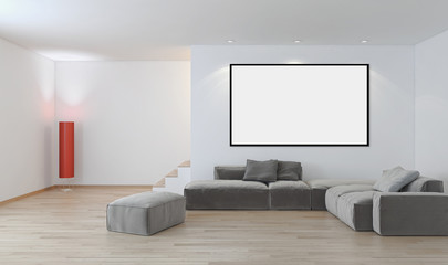 Modern bright interiors apartment with mockup poster frame 3D rendering illustration