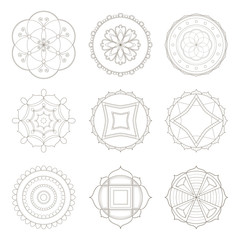 Collection of nine simple designs of mandala useful for coloring pages and books