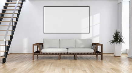 Modern bright interiors apartment with mockup poster frame 3D rendering illustration