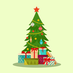 Pile of colorful wrapped gift boxes in front of the Christmas tree. Vector flat illustration