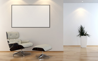 Modern bright interiors apartment with mockup poster frame 3D rendering illustration