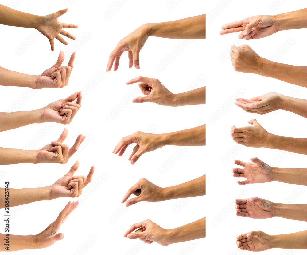 Wall mural Clipping path of multiple male hand gesture isolated on white background. Isolation of hands gesturing or symbol on white background.